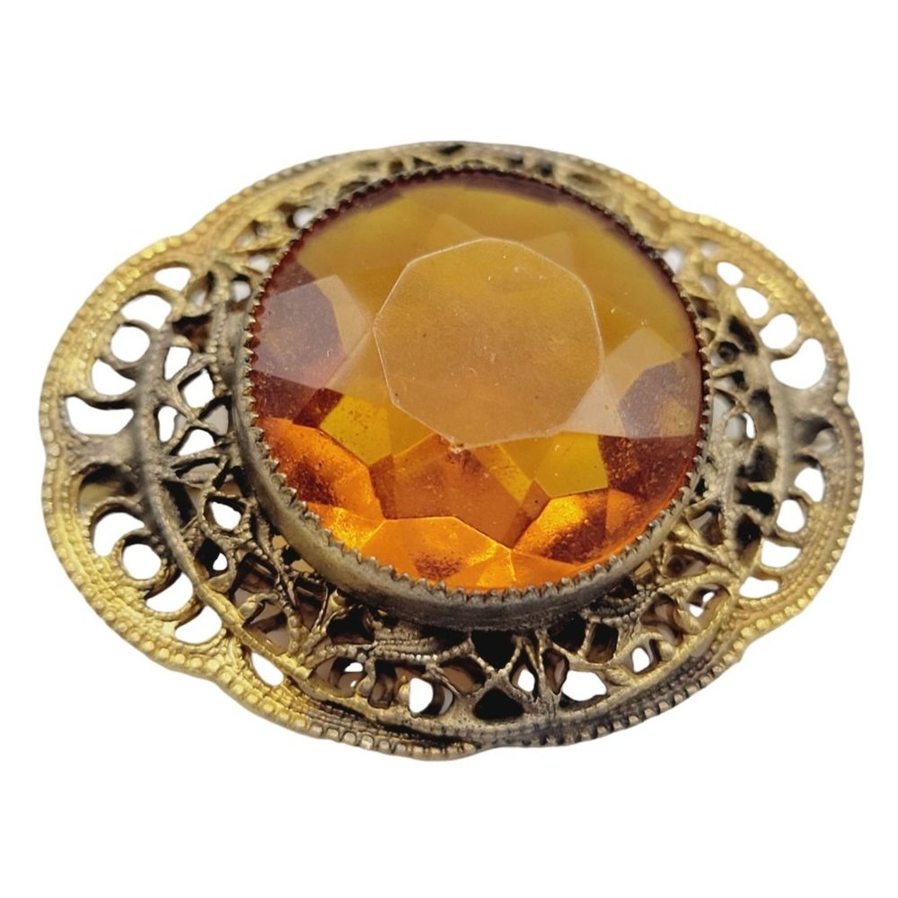 Antique Czech Glass Brass w/ Saw Tooth Bezel Brooch (A352)